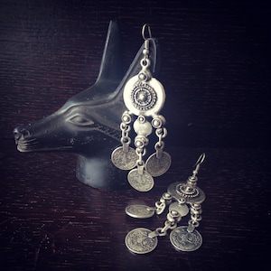Empress long coins earrings, silver plated