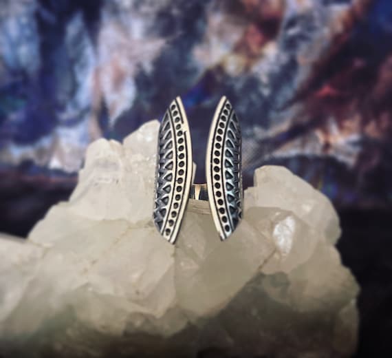 Tribal dots and triangle long open ring, sterling silver boho ring