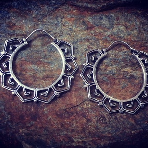 stylized lotus flower medium size hoops earrings, silver plated