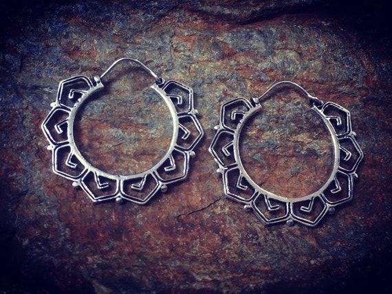 Stylized Lotus Flower medium size hoops earrings, silver plated