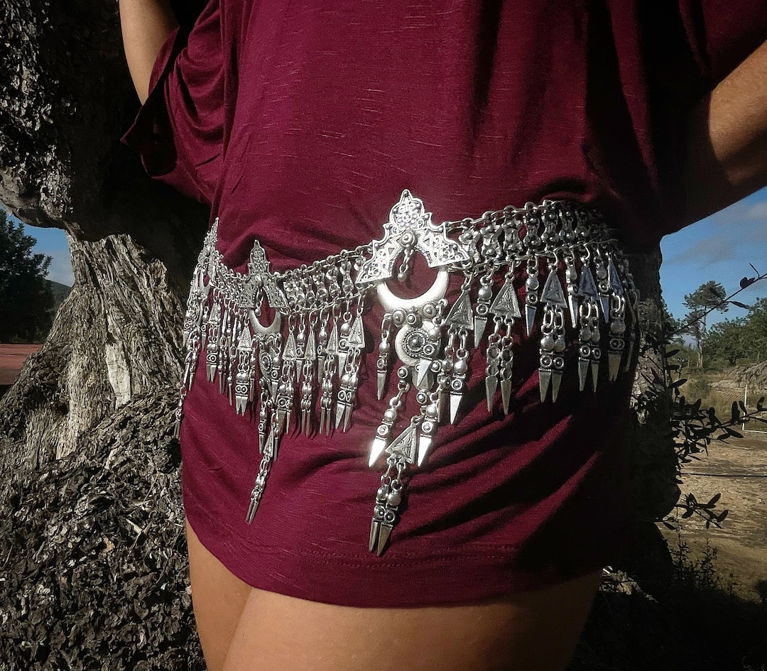 Tribal Massive Belt, With Hanging Geometric Spiky Beads, Silver Plated ...