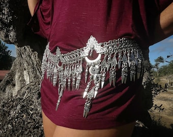 Ceinture tribale massive, avec perles géométriques pendantes à picots, plaqué argent