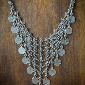 Bib triangle chain necklace with round studs beads, silver plated image 6