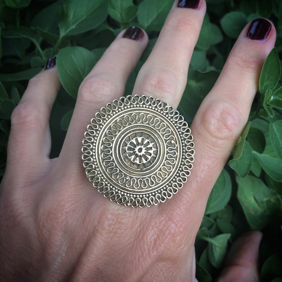 Tribal Shield statement big round brass ring, adjustable