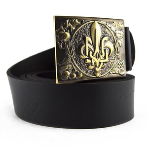 Leather belt with solid brass buckle Plast, Plast Ukrainian scouting organization belt buckle on casual leather belt