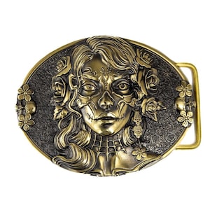 Sugar Skull Woman belt buckle, Skull El Día de Muertos, The Day of the Dead Santa Catarina solid belt buckle for men and women