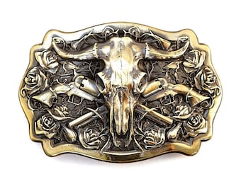 American Bison Buffalo Skull, Longhorn Cattle Buffalo Bison Skull Tribal Native American Cowboy Western men solid trophy belt buckle