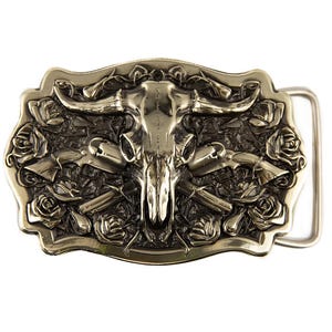 German silver belt buckle with American Bison Buffalo Skull, Longhorn Cattle Buffalo, nickel silver buckle Tribal Native Cowboy Western