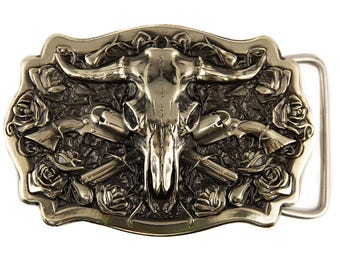 German silver belt buckle with American Bison Buffalo Skull, Longhorn Cattle Buffalo, nickel silver buckle Tribal Native Cowboy Western
