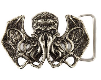 Cthulhu German silver belt buckle, Underwater mythical Lovecraft cosmic monster Cthulhu Giant Squid skull nickel silver solid belt buckle