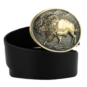 Leather Belt with Brass Buffalo Belt Buckle, Western American cowboy style belt, Wild West heritage bison large belt buckle heavy-duty belt
