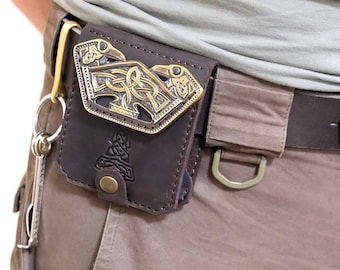 Scandinavian Old Norse leather wallet Mjolnir, Norse mythology Viking leather wallet with brass buckle Thor Hammer