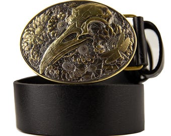 Leather belt with Raven skull solid brass belt buckle, mythology bird, Gothic Floral Crow skull Design, Dark Academia Style Accessory