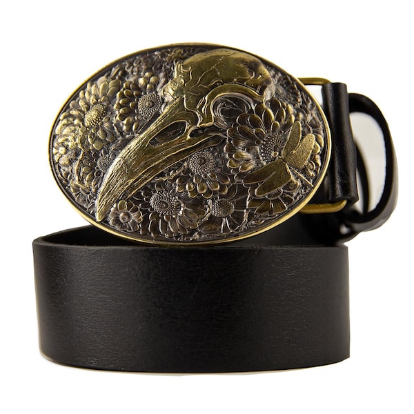 Leather belt with Raven skull solid brass belt buckle, mythology bird, Gothic Floral Crow skull Design, Dark Academia Style Accessory
