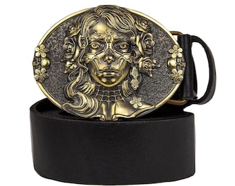 Leather belt with solid brass Sugar Skull Woman belt buckle, Skull El Día de Muertos, The Day of the Dead Santa Catarina belt for men women