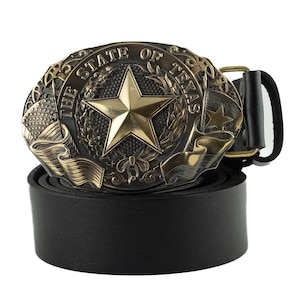 Leather Belt with Texas State Solid brass belt buckle, Texas star, The Lone Star State large buckle, Texas seal, Western Cowboy cowhide belt