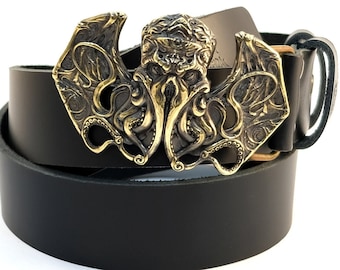Leather Belt With Cthulhu Buckle, Underwater Mythical Monster