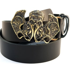 Leather belt with Cthulhu buckle, underwater mythical monster, Skull belt buckle, Lovecraft monster, Scandinavian kraken, Giant Squid
