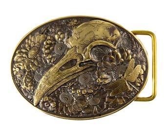 Raven skull solid brass belt buckle, mythology bird, Gothic Floral Crow skull Design, Dark Art Fantasy Accessory