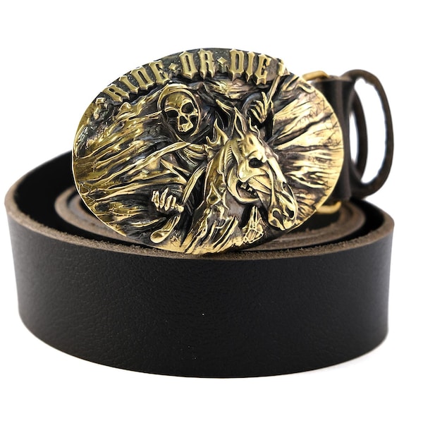 Ceinture en cuir avec motard Ride or die, boucle de ceinture en laiton massif Iron Horse, boucle de ceinture de motard avec tête de mort et cheval mort sur ceinture en cuir