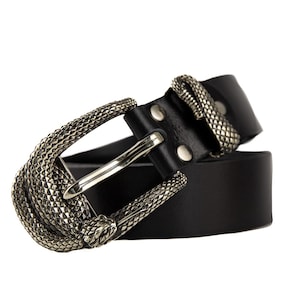 May include: Black leather belt featuring a silver-coloured snake-shaped buckle. The buckle has a detailed, textured design. A classic accessory suitable for various outfits.
