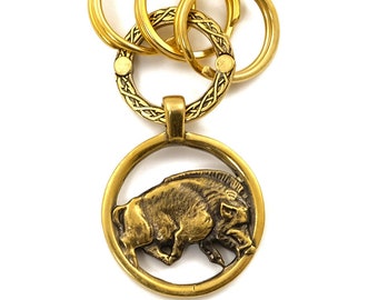 Wild boar keychain, Handmade hunter trophy wild boar hunting solid brass keychain, Animal wild boar pig decorative keychain