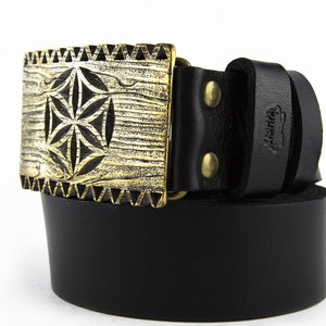 Leather belt with buckle Engraved, Ukrainian carvings style solid brass belt buckle on leather belt