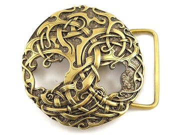 World Tree belt buckle, Old Norse Scandinavian Nordic Celtic Pagan runic Tree of Life, Yggdrasil viking runic solid brass belt buckle