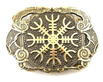 Helm of Awe solid brass belt buckle, Viking Helm of Terror Norse Scandinavian Pagan gift, Men's Viking runic symbol buckle, Pagan jewelry