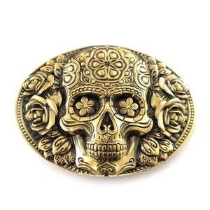 Santa Muerte belt buckle, Skull El Día de Muertos, The Day of the Dead sugar skull solid brass belt buckle for men and women accessory