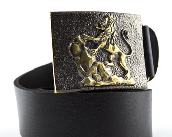 Cinturón de piel con león rampante, cinturón artesanal con escudo de armas real, cinturón de piel para hombre de 1,5 y 1,8 pulgadas.