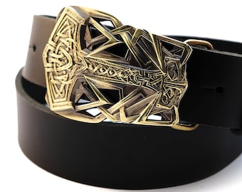 Leather belt with Mjolnir buckle, Scandinavian Old Norse Viking Mjolnir Thor Hammer belt, Mens Full Grain Leather Belt made in Ukraine