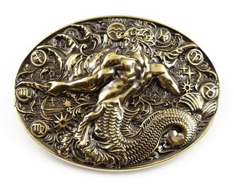 Aquarius Gold-Tone Zodiac Belt Buckle Vintage 1970s 1970s Aquarius Horoscope Solid Brass Made in USA Vintage  main image 4