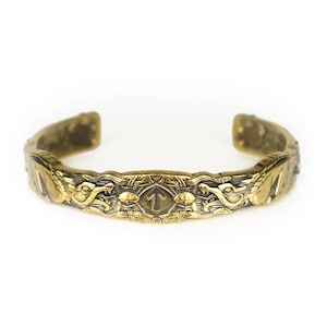 Cuff bracelet Scandinavian Wolves, handmade solid brass mens womens c shape embossed gold cuff bangle, unisex viking jewelry gifts