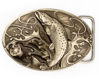 Trout german silver Belt Buckle, Handmade solid nickel silver buckle Salmon, Fisherman belt buckle gift for men and women for anglers