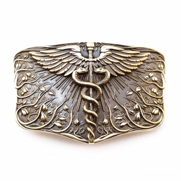 Medical belt buckle Caduceus, Hrald's wand, Handmade Medical Corps solid brass belt buckle symbol of medicine, alchemy, coat of arms