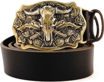 Leather belt with Bison Buffalo Skull, American Mens Leather Belt, Longhorn Cattle western Genuine Leather Belt