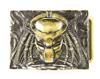 Predator solid brass belt buckle, extraterrestrial monster trophy Hunter, The Yautja monster handmade brass belt buckle for leather belt