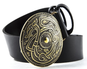 Leather belt with solid buckle Viking Shield, Old North Scandinavian warrior military solid brass and Germansilver buckle on leather belt