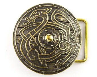 Viking Shield belt buckle, Scandinavian Nordic Celtic Norse military armor round battle shield solid belt buckle brass and germansilver