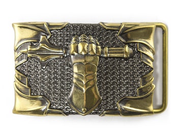 Military armored hand brass buckle, Steel battle Gauntlet, Medieval armor tank forces steel fist solid brass belt buckle