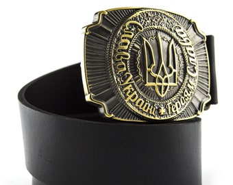 Leather belt with solid buckle Glory to Ukraine! Glory to the heroes! National coat of arms Ukrainian trident, brass or nickel silver buckle