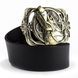 Leather belt with handmade belt buckle Steampunk Wolf, Solid brass and german silver victorian art wolf belt buckle on leather belt
