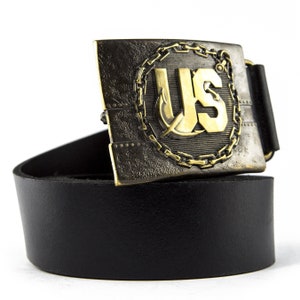 Leather belt with The United States Navy (USN) belt buckle, handmade U.S. Marine Corps, American Navy solid brass military belt buckle