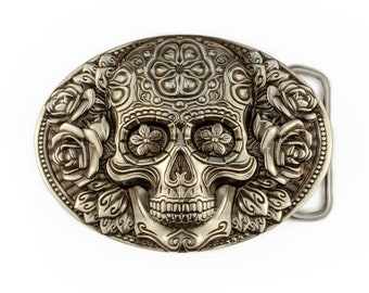 Santa Muerte Neusilber Gürtelschnalle, Totenkopf El Dia de Muertos, The Day of the Dead Totenkopf massive Gürtelschnalle, Accessoire für Männer und Frauen