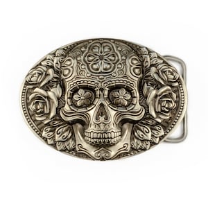 Santa Muerte german silver belt buckle, Skull El Día de Muertos, The Day of the Dead skull solid belt buckle, accessory for men and women