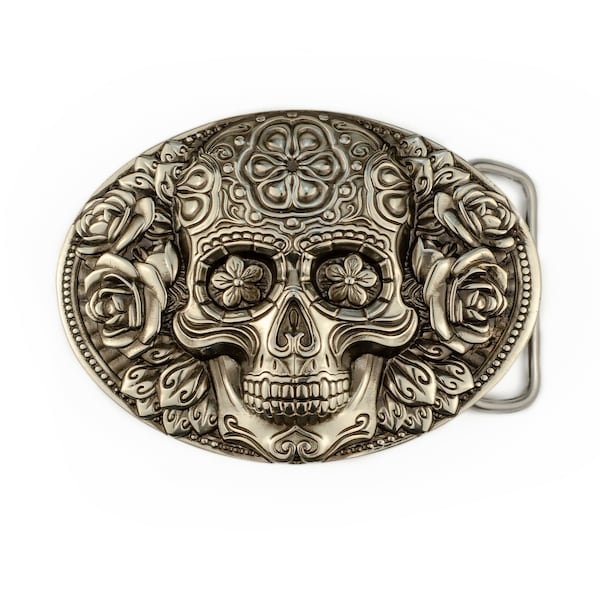 Boucle de ceinture en argent allemand Santa Muerte, Skull El Día de Muertos, Boucle de ceinture solide crâne du Jour des Morts, accessoire pour hommes et femmes