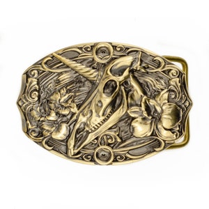 Unicorn solid brass belt buckle, Handmade Immortal Beauty magic dead horse skull with a horn solid brass buckle, handmade gift