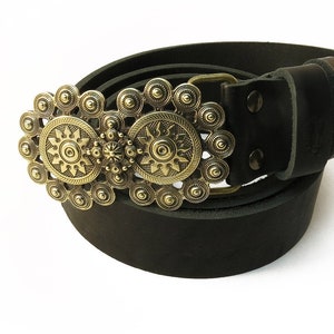 Leather belt with handmade brass buckle Double sun, Pagan decorative solar symbol belt buckle on 1.5 inch leather belt for women