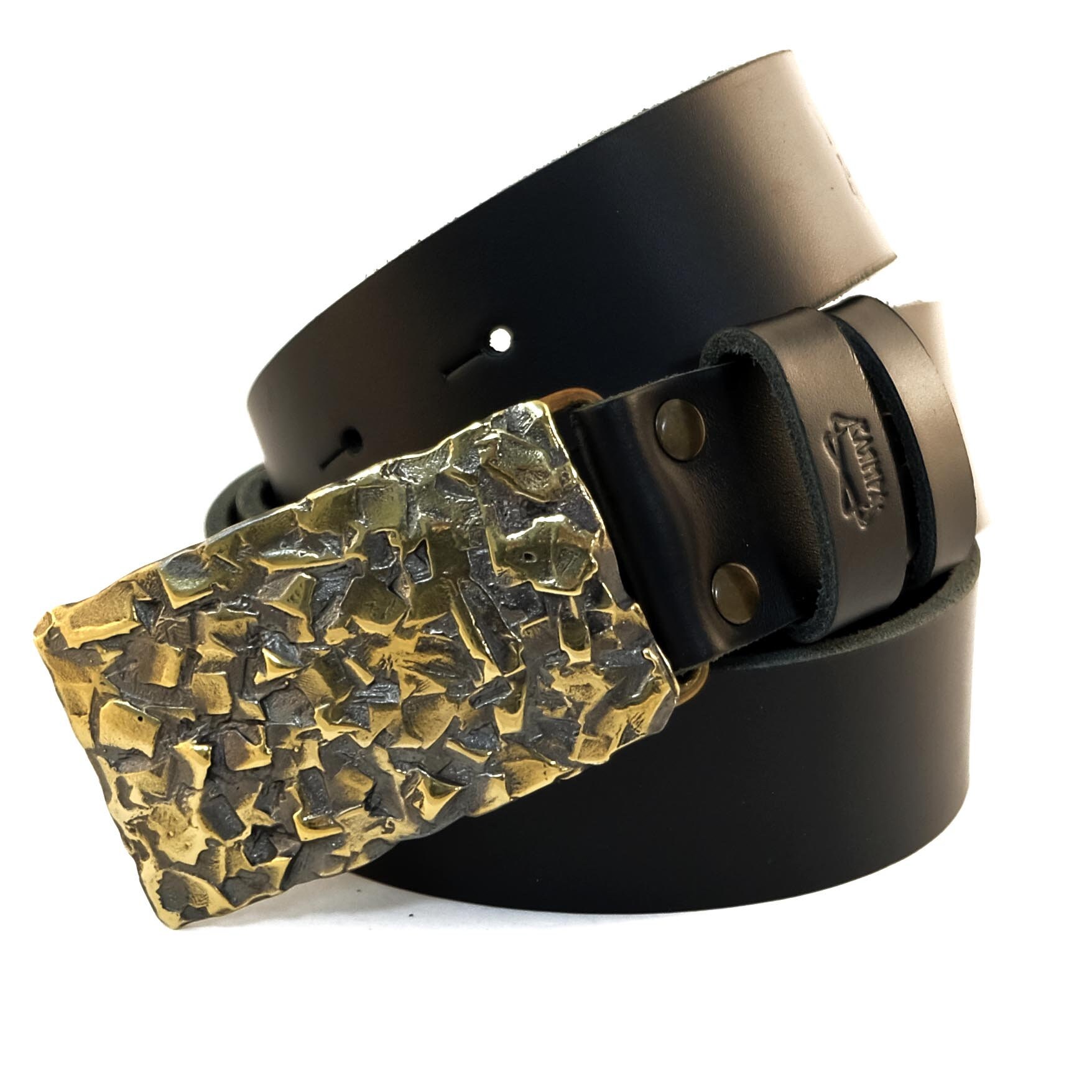 Leather belt with solid brass belt buckle Crystal, Handmade rectangular low poly belt buckle on 1.5" 1.8" leather belt, sculptural, textured
